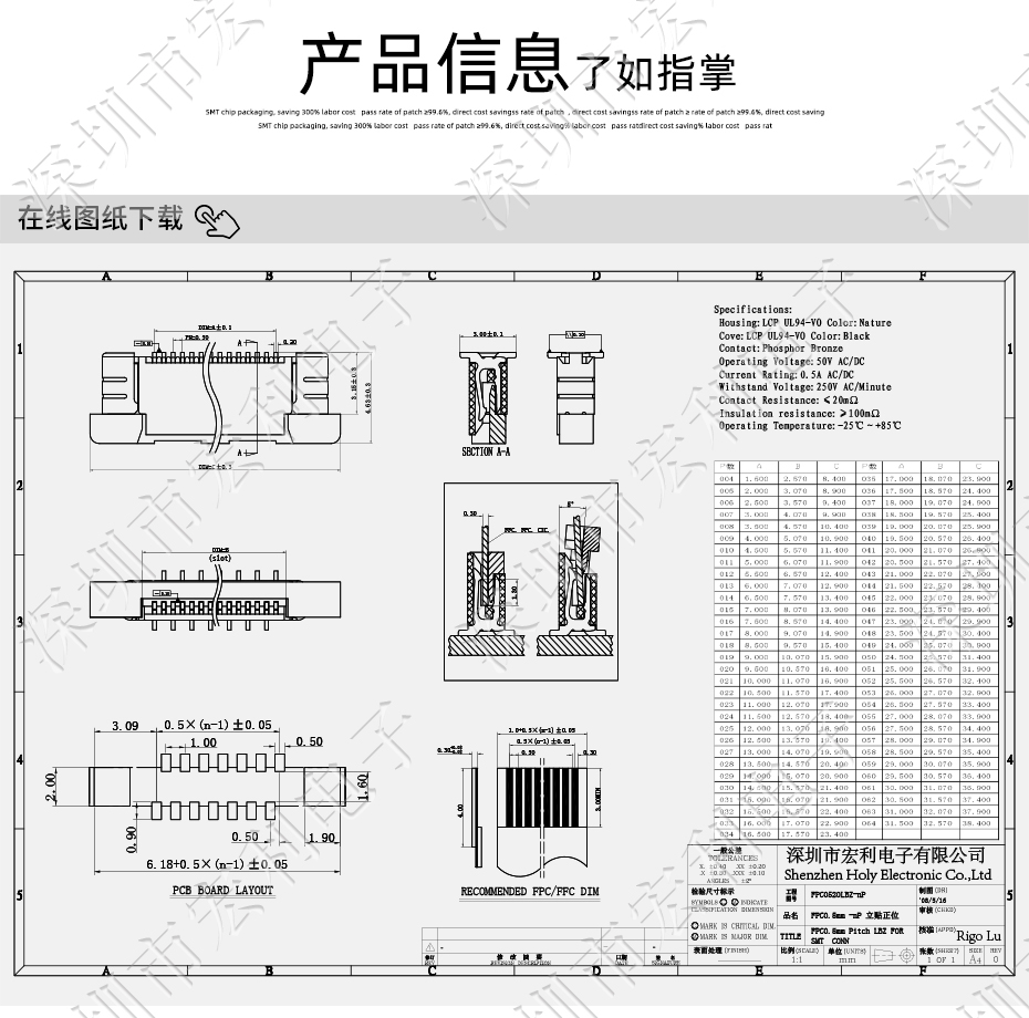 FFC/FPC軟排線0.5mm間距-60P立貼正錯(cuò)位帶鎖 軟排線插座FPC連接器