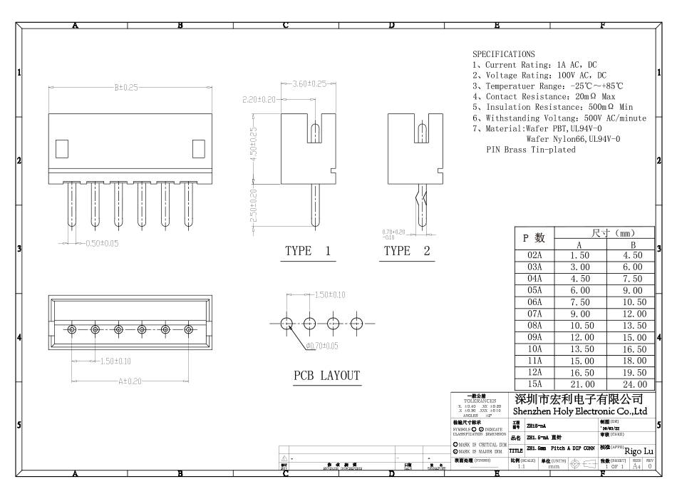 彎針 ZH1.5mm-6P 直插式彎針針座 條形連接器 間距1.5mm,宏利
