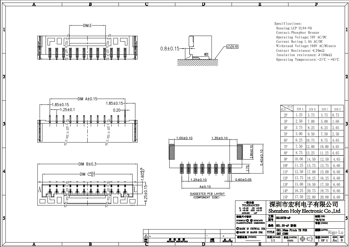 1.25mm間距GH臥式帶扣 封裝規(guī)格書圖紙 型號尺寸圖 在線下載